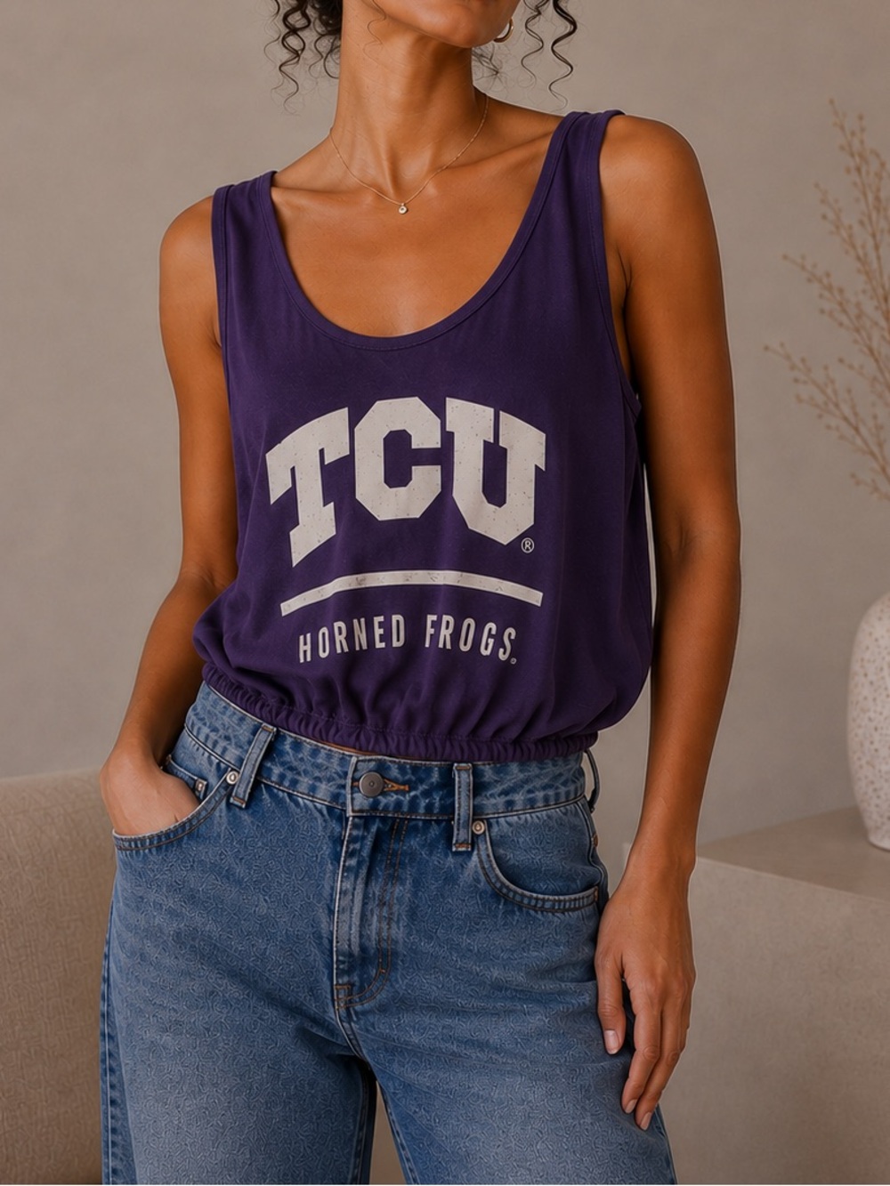 Purple TCU Elastic-Hem Cropped Tank